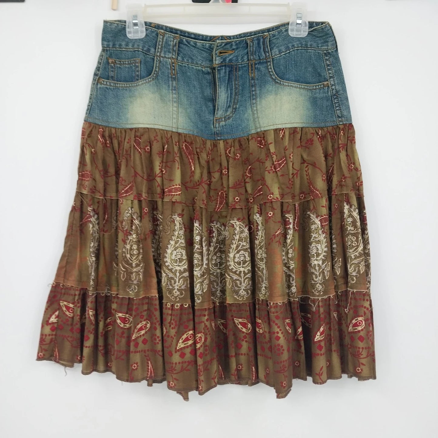 Younique Denim Patchwork Boho Midi Skirt Blue Brown Paisley Women Size 7 Button