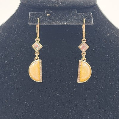 Semicircle Gold Tone with Clear Rhinestone & Pale Pink Acrylic Bead Drop Earring