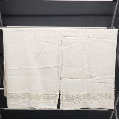 One Pair Of Solid White Curtains w Drawn Thread Lace Inserts 34"x26" Per Panel