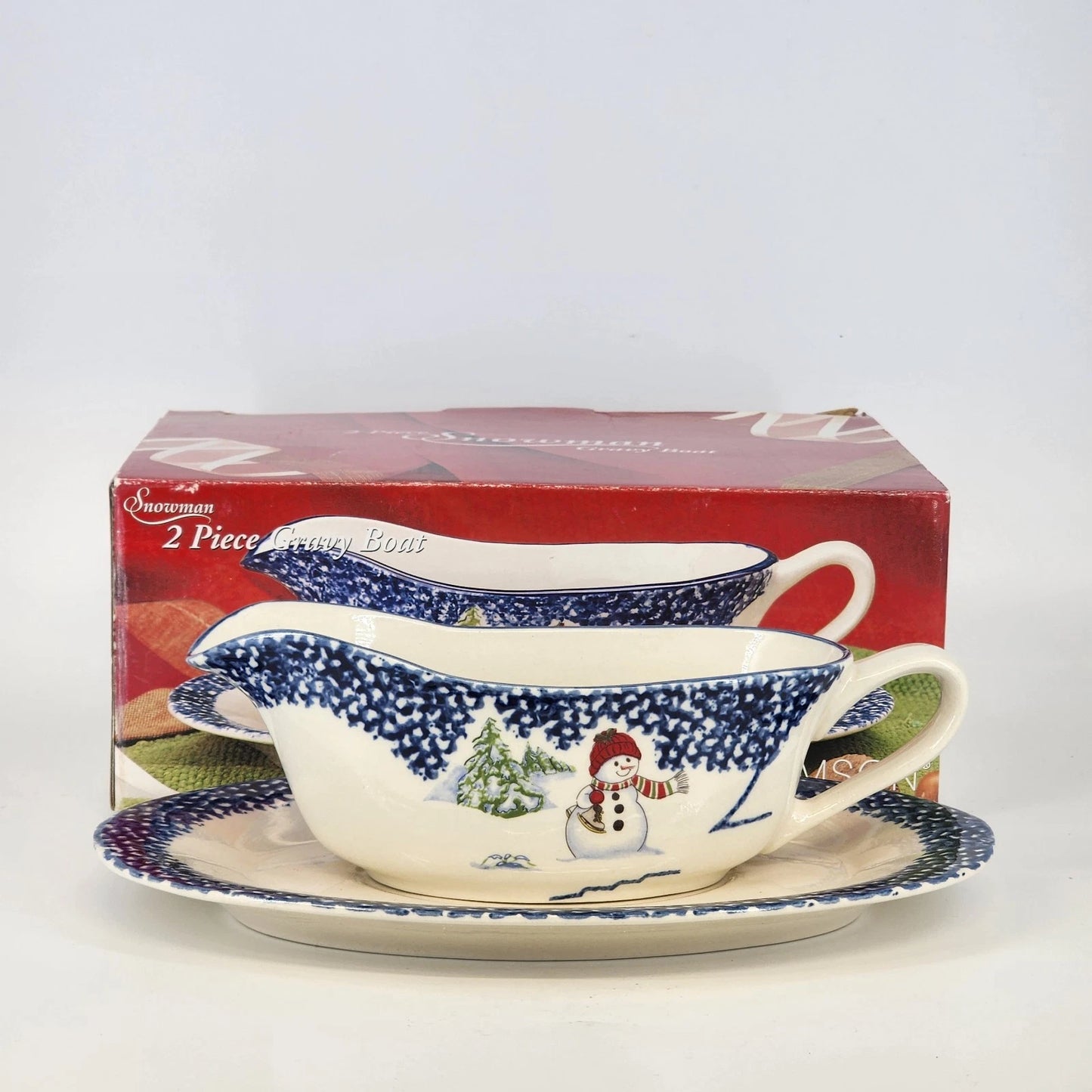Thomson Pottery Snowman Gravy Boat and Underplate Set Christmas Holiday China
