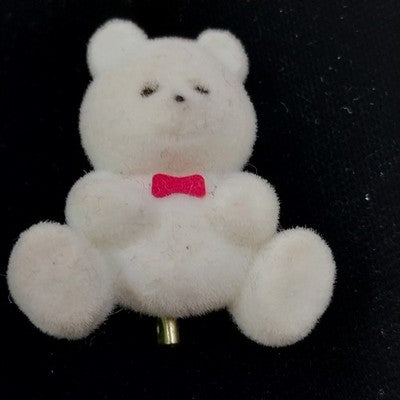 White Teddy Bear Flock Fabric with Red Bow Ribbon Brooch Lapel Pin Silver Tone