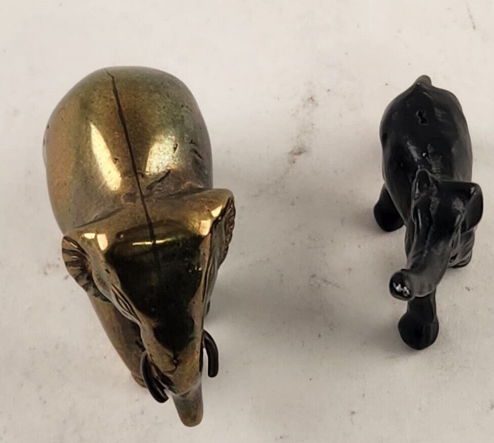 2 Metal Elephants Miniature Black & Brass Good luck Figure Statue Truck Up Down