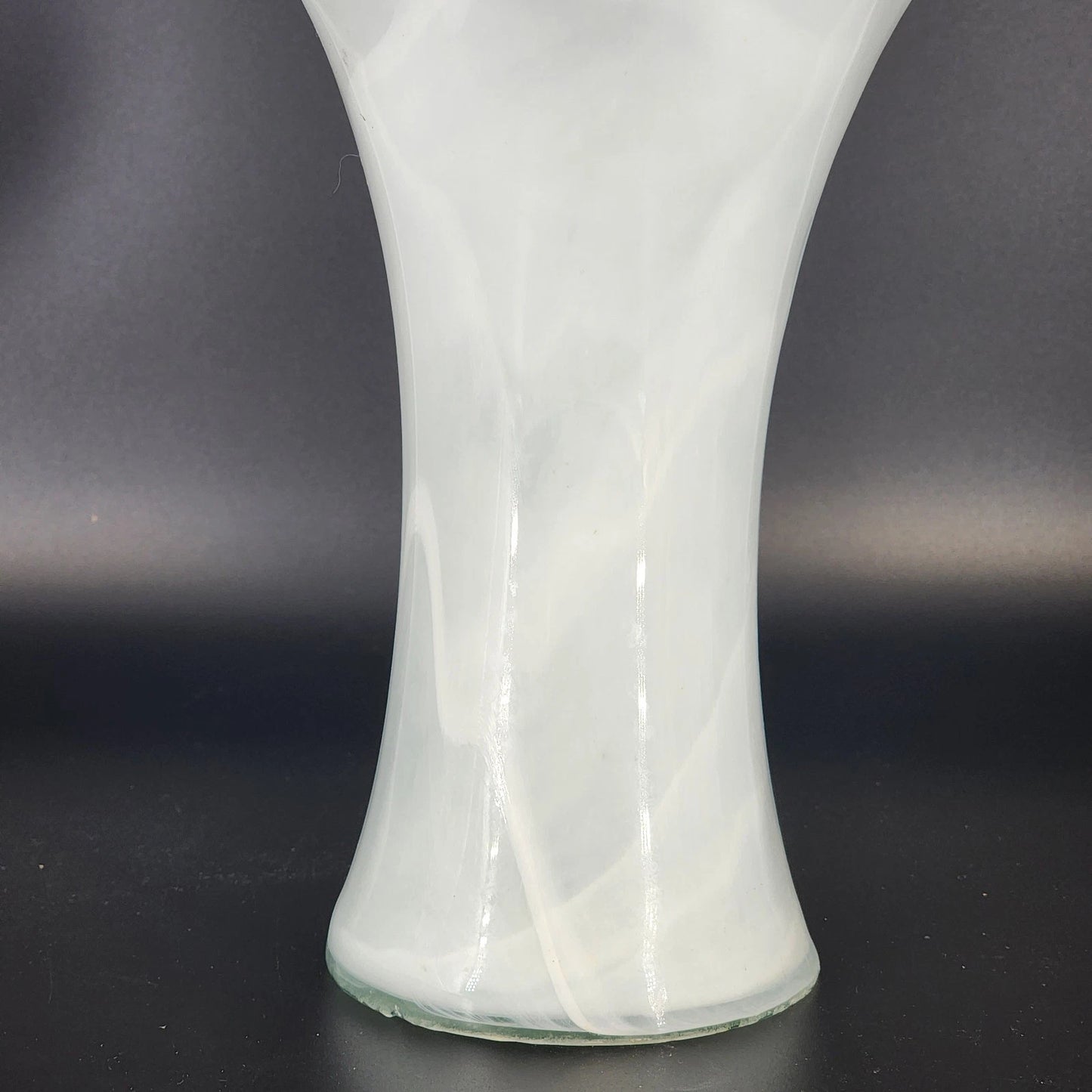 Frosted Art Glass Large Vase 11" Ruffled Scalloped Top White Swirl Hand Blown