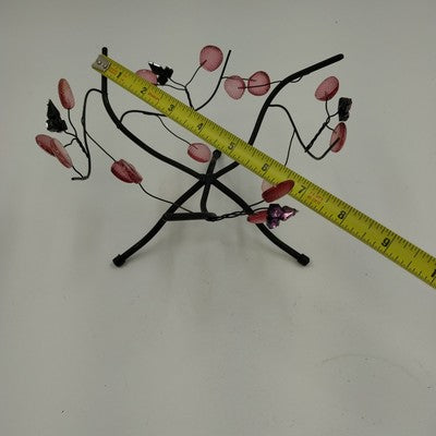 Black Metal Pink Leaf Flower Serving Bowl Stand Display Vintage 1990s 5.25"