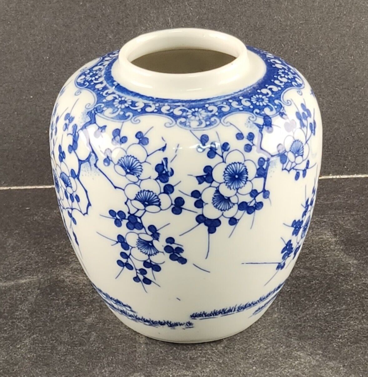 Cherry Blossom Vase Blue White Ginger Jar Porcelain 4" Tall Japan Vintage