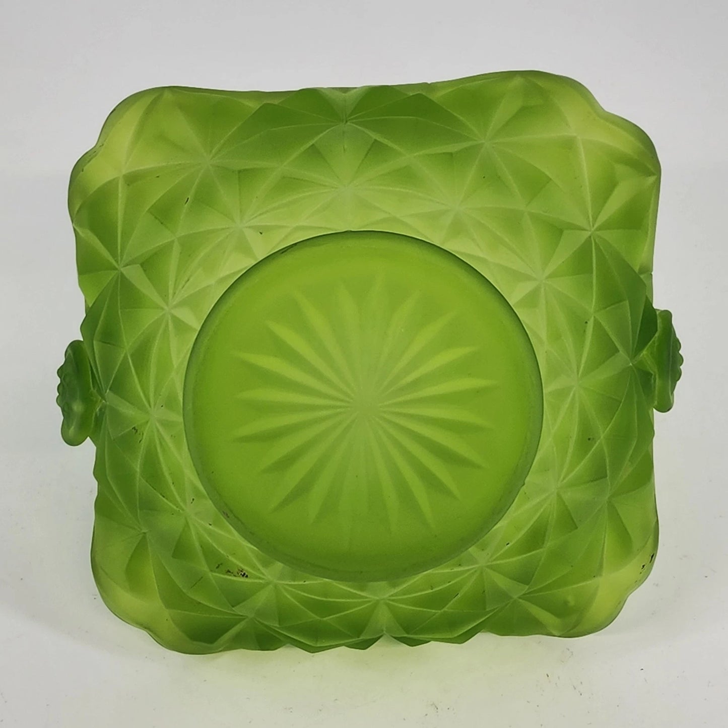 Westmoreland Green Satin Glass Basket Diamond Point Ruffled Candy Dish 6.5" Vtg