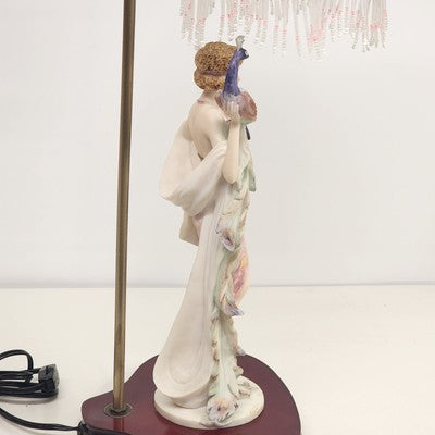 Lady Holding Peacock Table Lamp With Domed Glass Beaded Shade Art Deco Style 24"