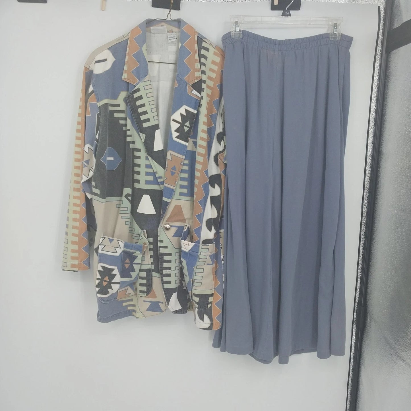 Geometric Blazer Pants Suit Set Blue Southwest Aztec Cotton Size 1 Vintage