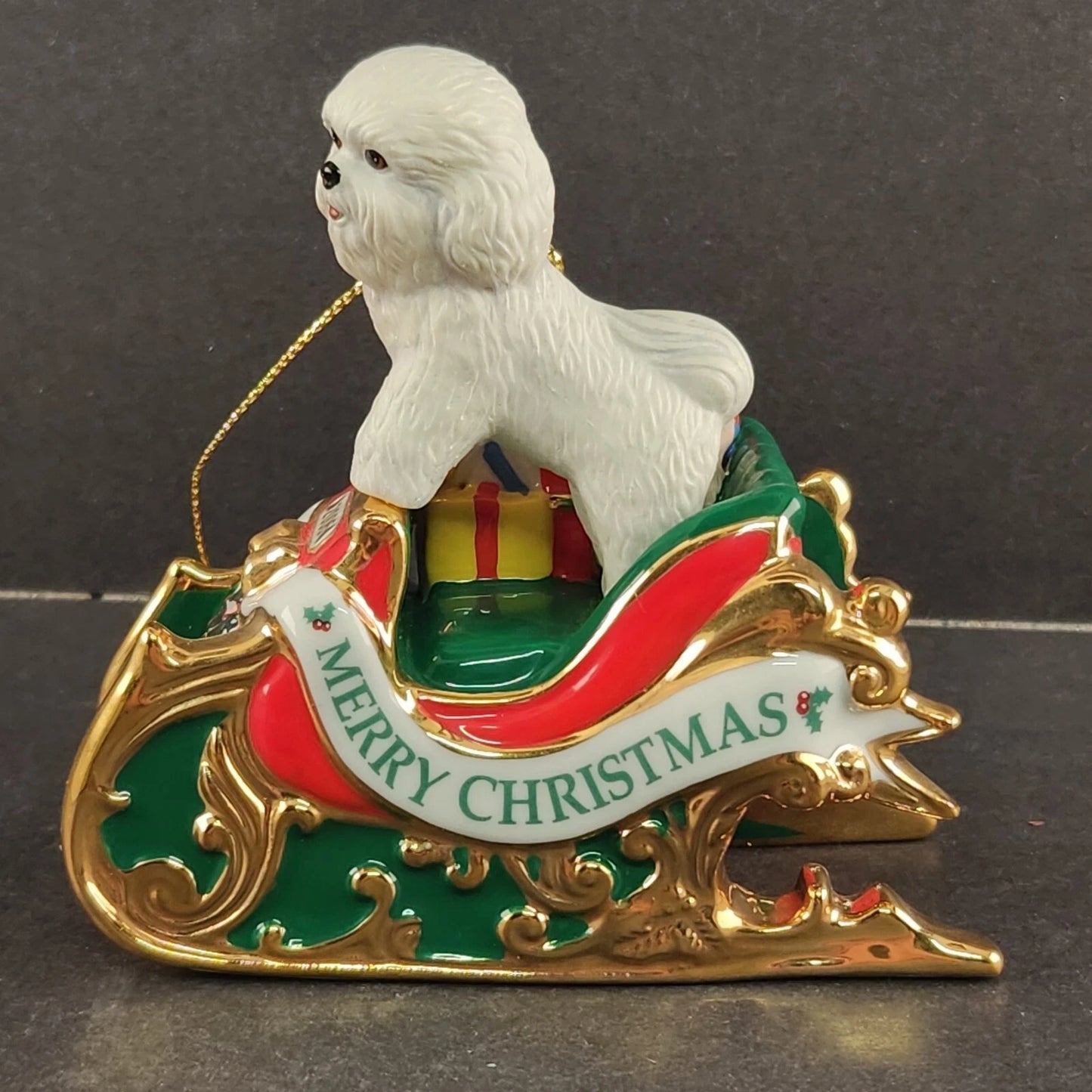 Danbury Mint 2006 Santa’s Helper Bichon Frise Dog Sleigh Christmas Ornament Vtg