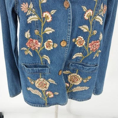 Country Door Blue Denim Jacket XL Floral Embroidery Wood Button Front Women's