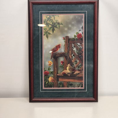 Sweethearts Print with Red Cardinal Bird & Rose Flower by Gregory Clair 20"x29"