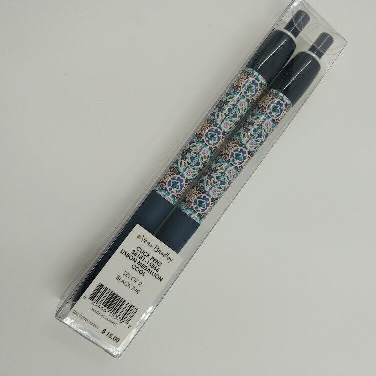 Vera Bradley Click Pen Two Pack 2 Dark Blue Black Ink Lisbon Medallion COOL