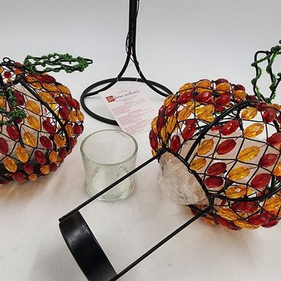 2 Beaded Pumpkin Tea Lite Holders Home Interiors w Free Standing Metal Stand NOS