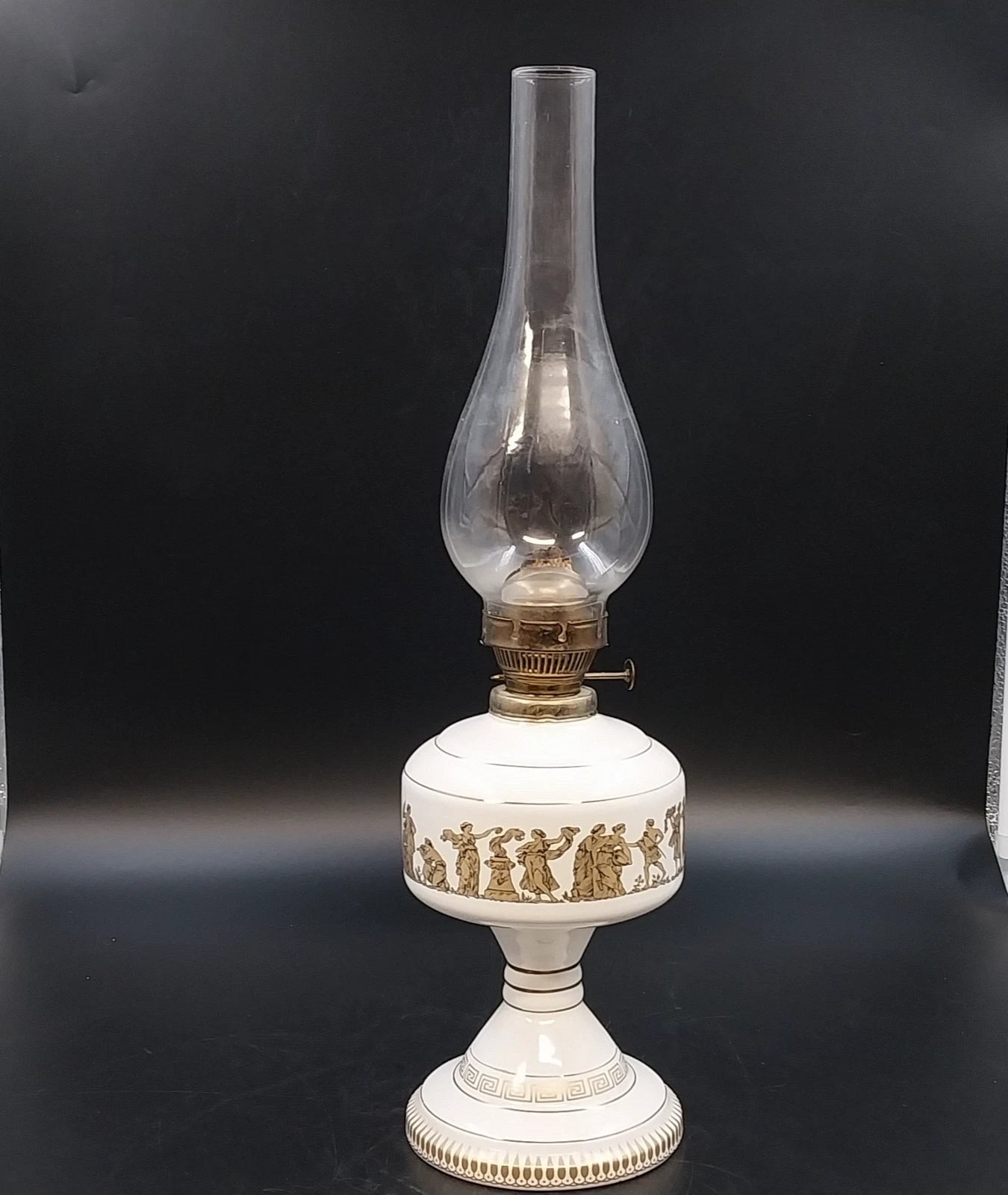 KE Strigos Greek Ceramic Oil Lamp 24K Gold Classical Figures Glass Chimney 18"