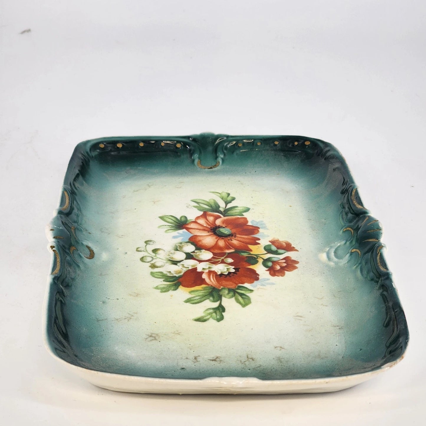 Antique Austrian Porcelain Dresser Vanity Set 5pc Green Lustre Orange Floral Vtg