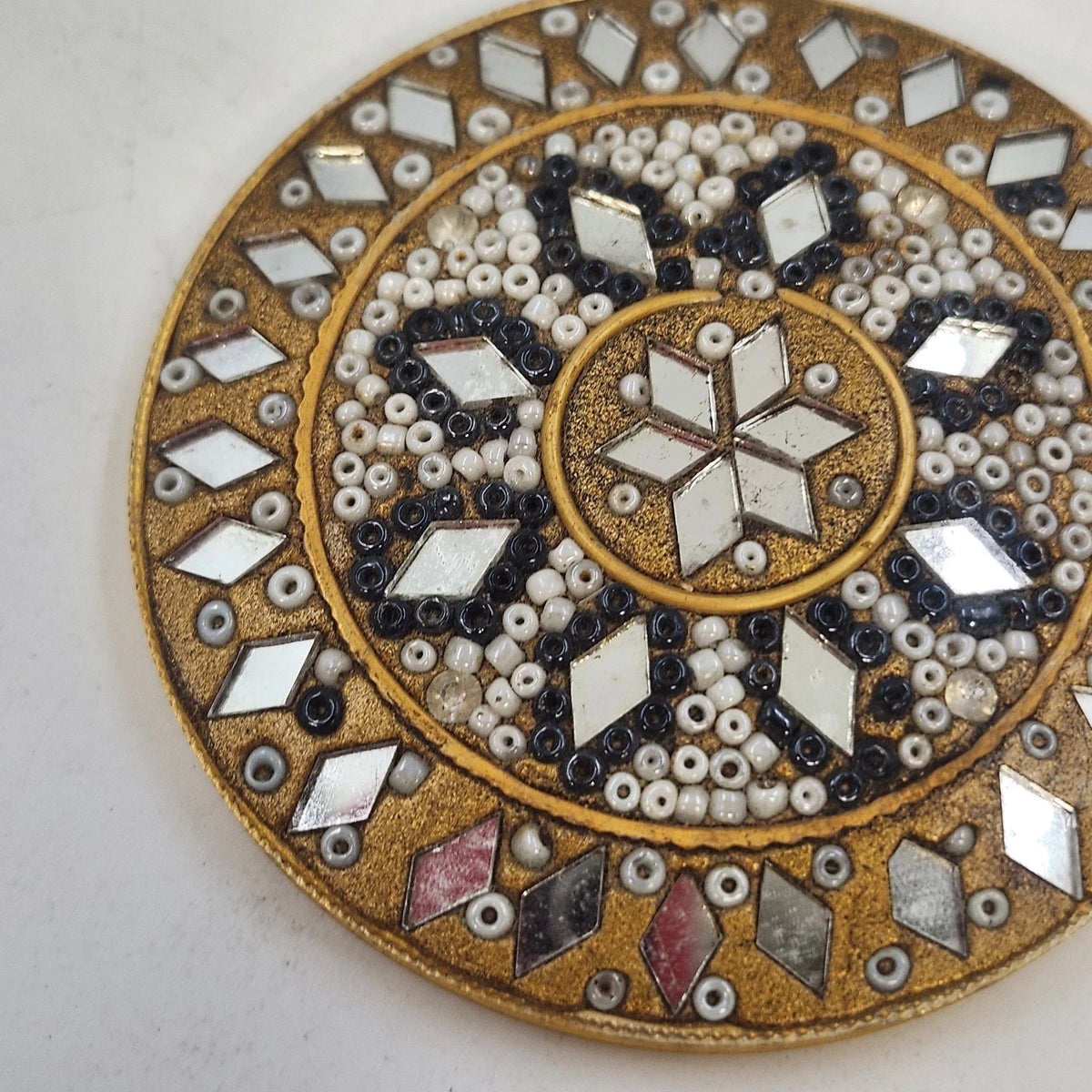 Gold Tone Round Pocket Mirror 2.75" Beaded Ornate Geometric Mosaic Star Design
