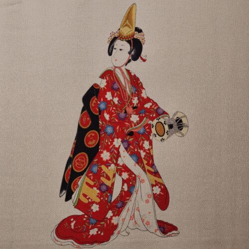 Japanese Tapestry Geisha Floral Wall Hanging Scroll Kobuki Performer 29" x 27.5"