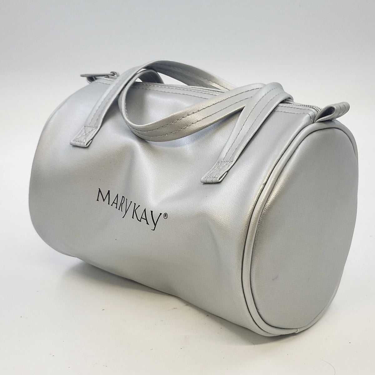 Mary Kay Silver Metallic Cylindrical Cosmetic Makeup Bag 8.5" Travel Case Zipper