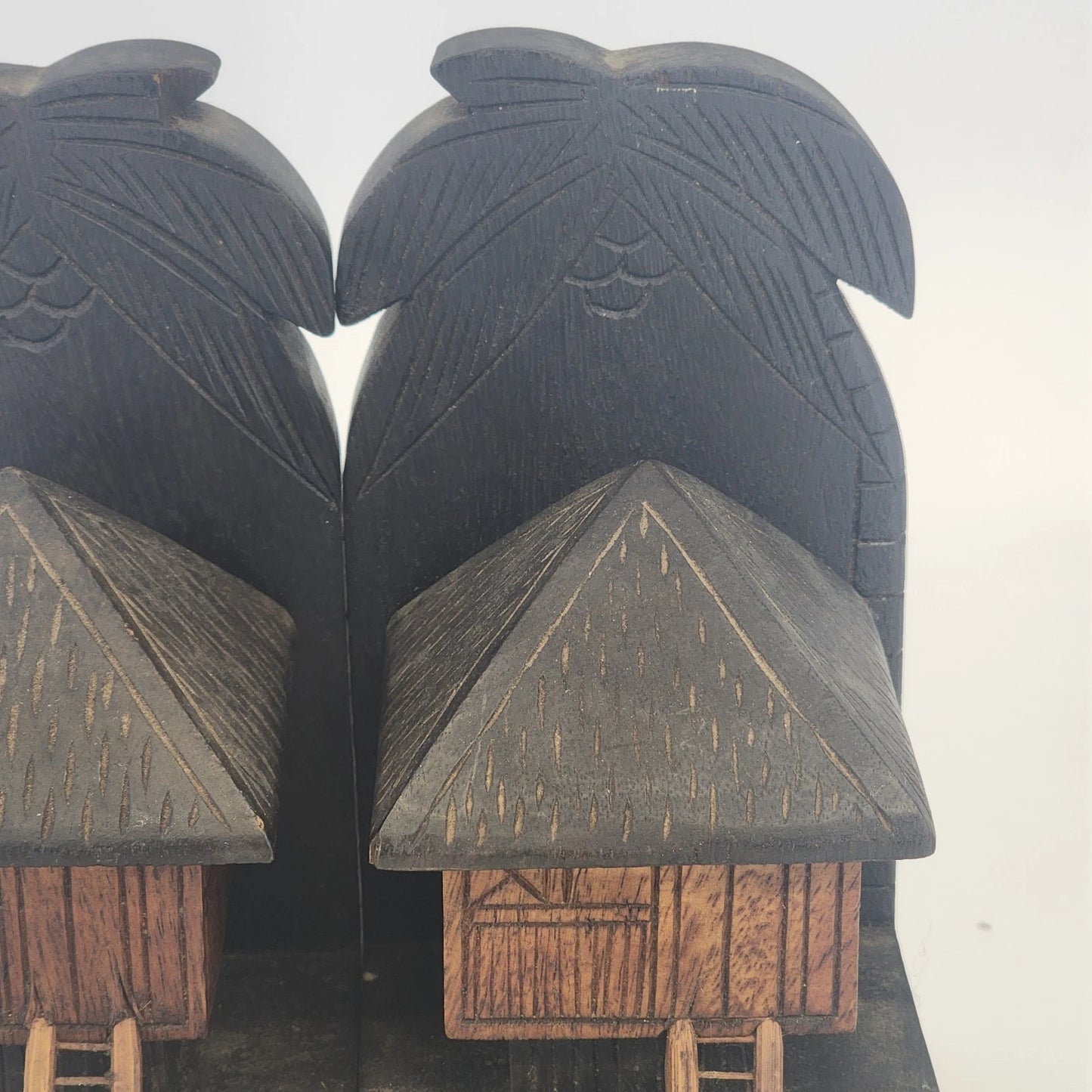 Hand Carved Tiki Hut Bookends Wood Polynesian Filipino Bahay Kubo Decor 8"x5"x4"