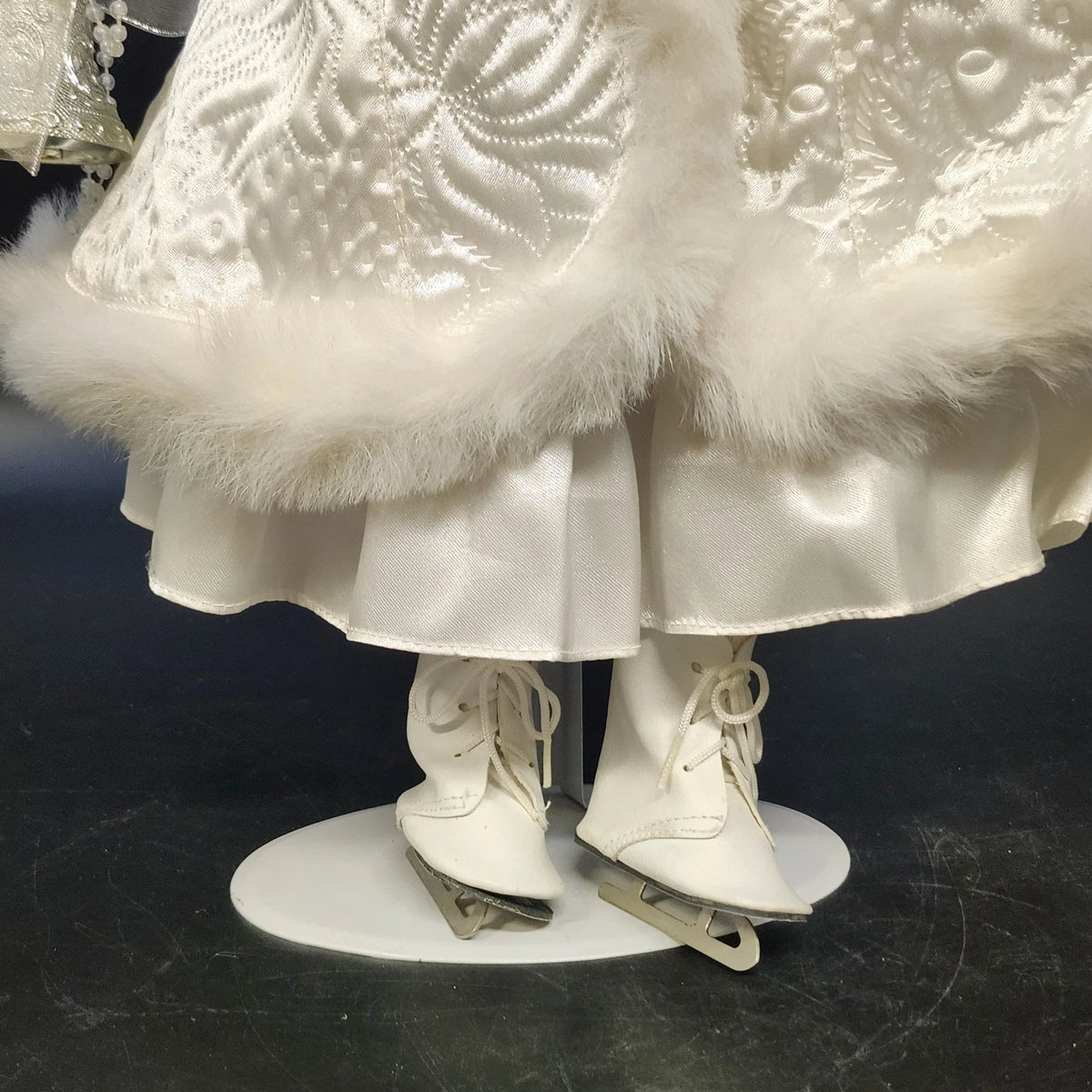 Porcelain Victorian Woman Ice Skater Doll White Faux Fur Gown Purse 21" Vintage