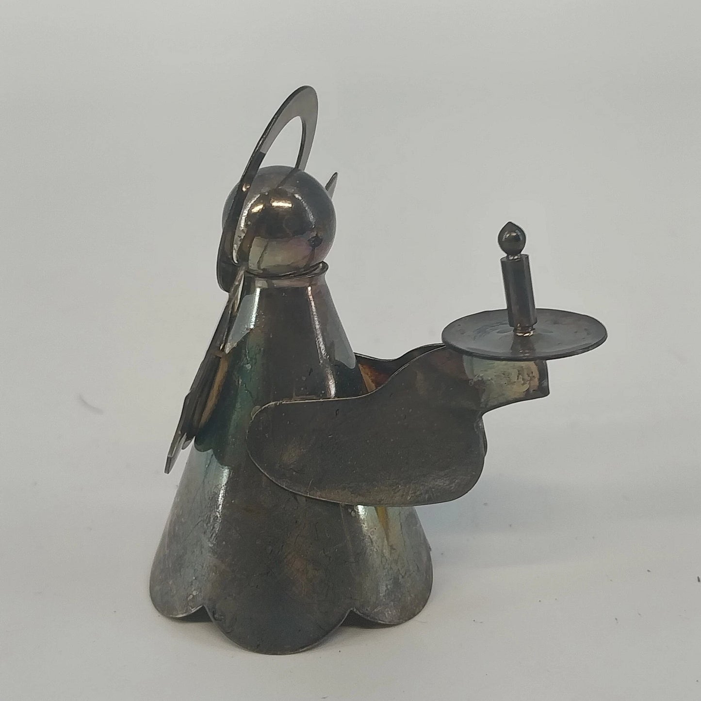Silver Tone Metal Angel Candle Holder Halo Wings Figurine 2¼" Christmas Vintage
