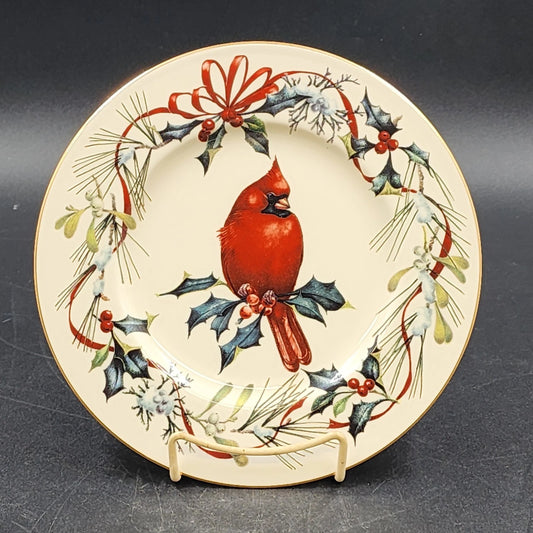 Lenox Accent Luncheon Plate Winter Greeting 9.25" Cardinal Holly Gold Bone China