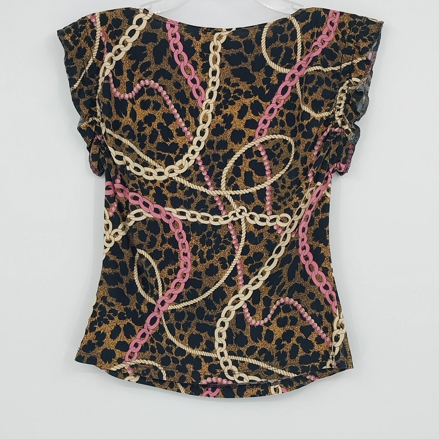 JTB Leopard Chain Print Top Women's Petite Large Ruffle Cap Sleeve Stretch Tee