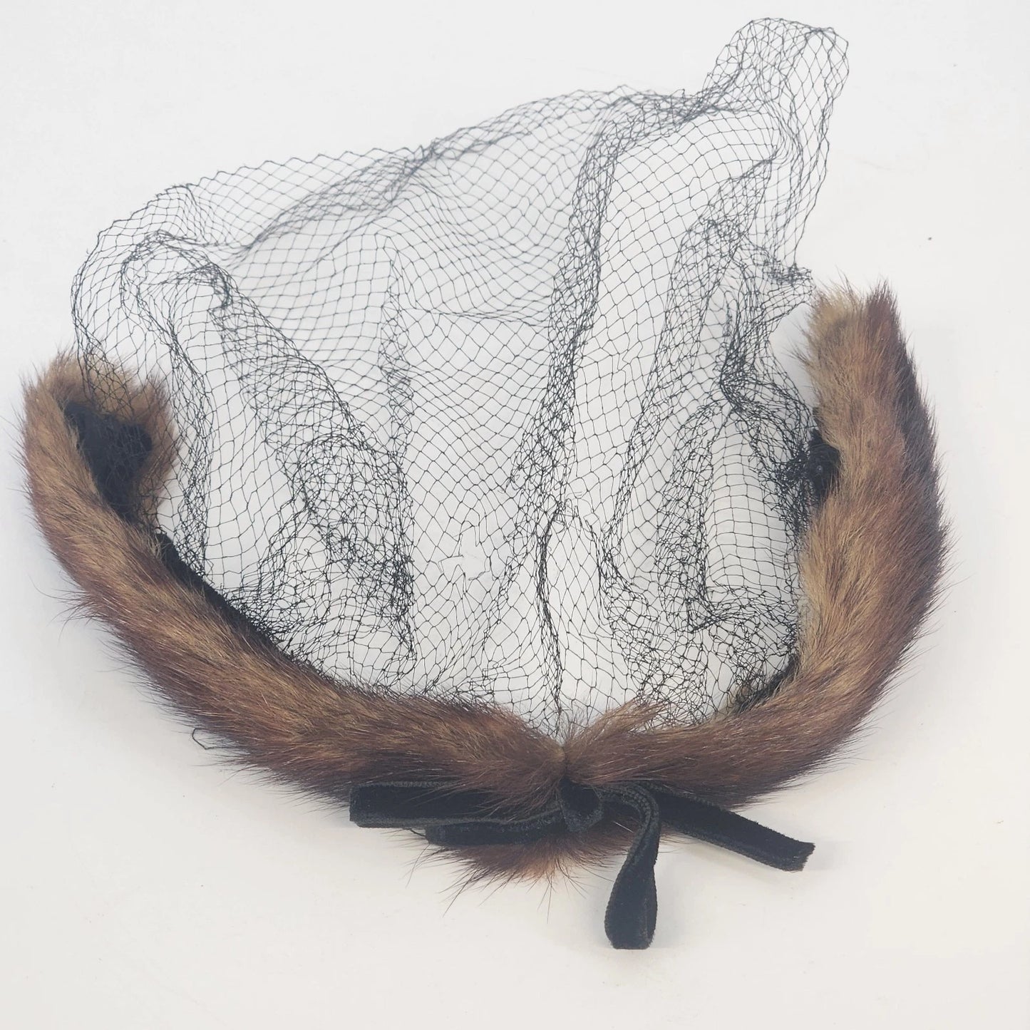 Mink Fur Pillbox Fascinator Net Veil Brown MCM Head Band Head Piece Vintage
