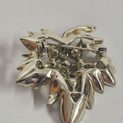 Gold Tone Leaf Brooch with Clear Rhinestones Brushed Finish 1.5" x 2" Vintage