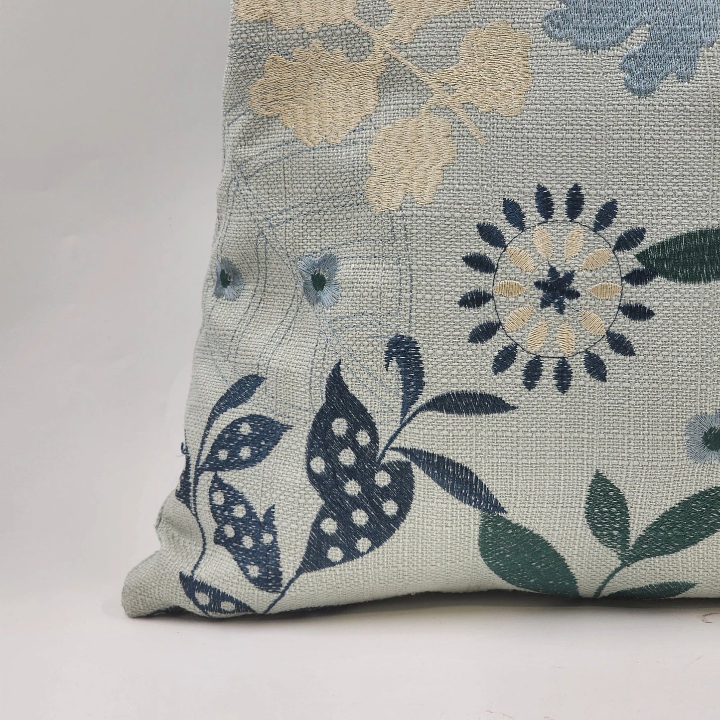 Decorative Down Throw Pillow 20"x20" Blues Embroidered Floral Leaf Cotton Canvas