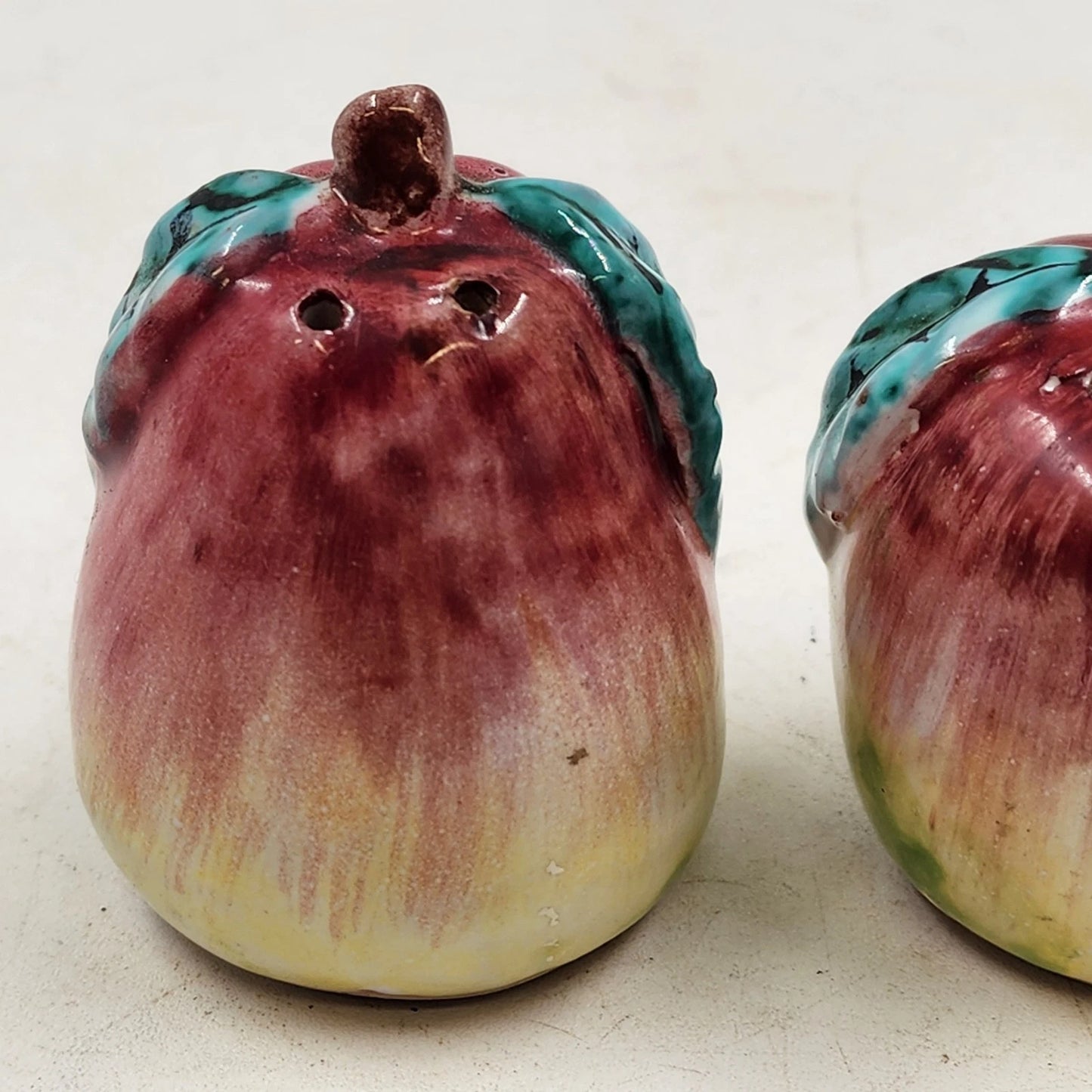 Apple & Pear Salt and Pepper Shakers Set Figural Ceramic Homemade Kitchen Decor