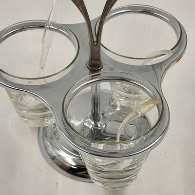 Kromex Condiment Carousel Caddy 3 Glass Ramekins & Spoons Rotating Chrome 11"h