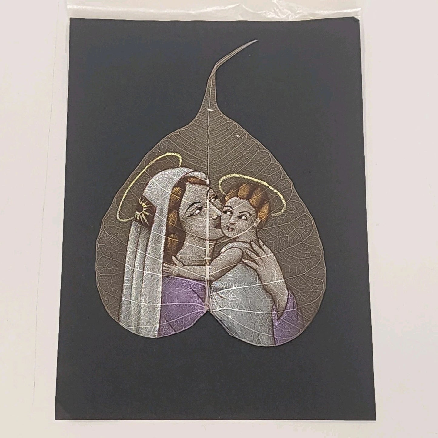 South Indian Peepal Skeleton Leaf Art Madonna & Child Hand Painted 6.5" Unframed