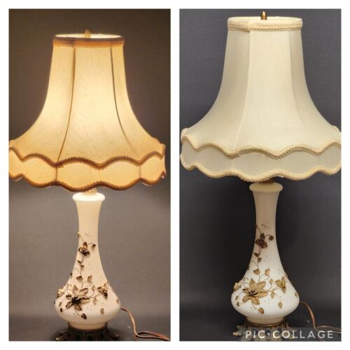 Milk Glass Brass Floral Table Lamp Cast Base 16" Silk Brocade Scallope Shade 11"