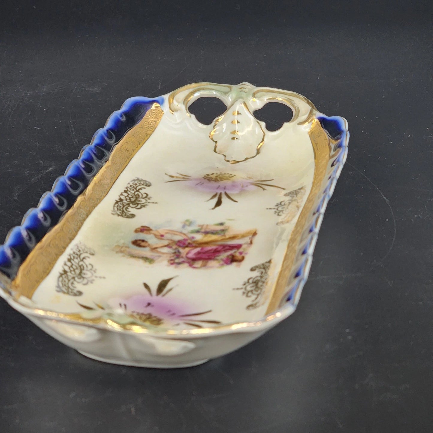 German Porcelain Celery Tray Cobalt Blue Gold Roman Ladies Scene 1900's Antique