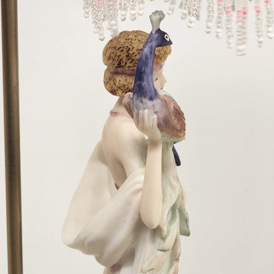 Lady Holding Peacock Table Lamp With Domed Glass Beaded Shade Art Deco Style 24"