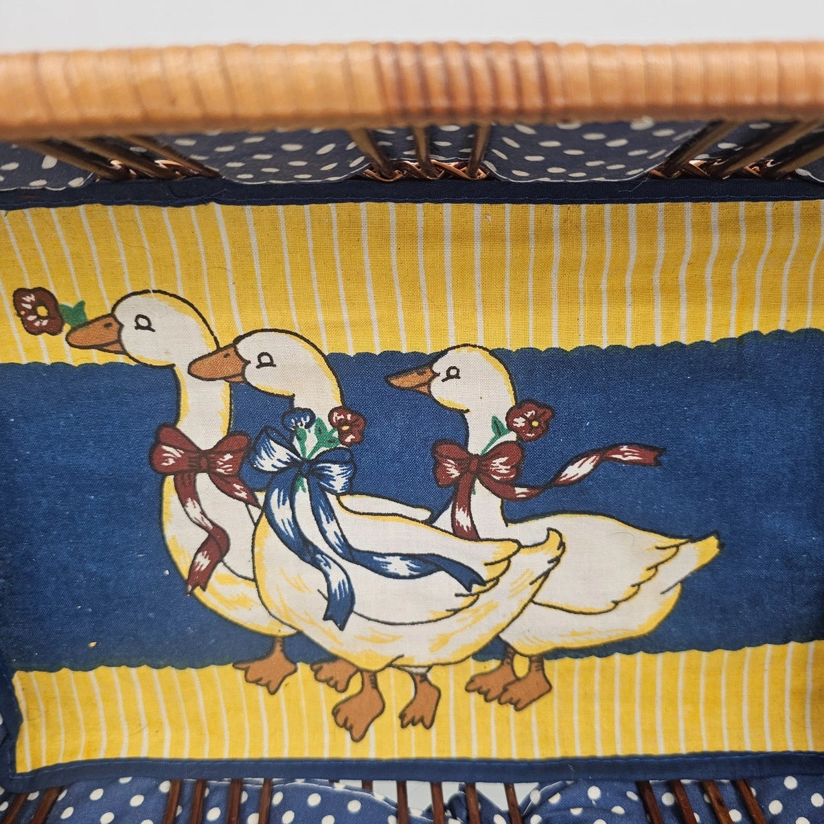 Wicker Wooden Basket Goose Liner Blue Polka Dot Country Kitchen Storage 12"