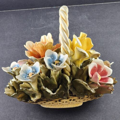 Capodimonte Porcelain Flower Basket Ardalt 4405 Yellow Pink Blue Italy Vintage