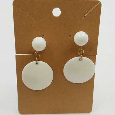 Gold Tone with White Round Disc Plastic Dangle Drop Clip On Earrings