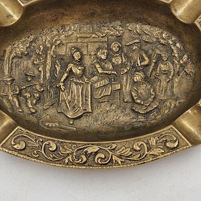 Bronze Brass Ashtray 5.5" Relief Solid Etched Casting Figures Ornate Oval Shape
