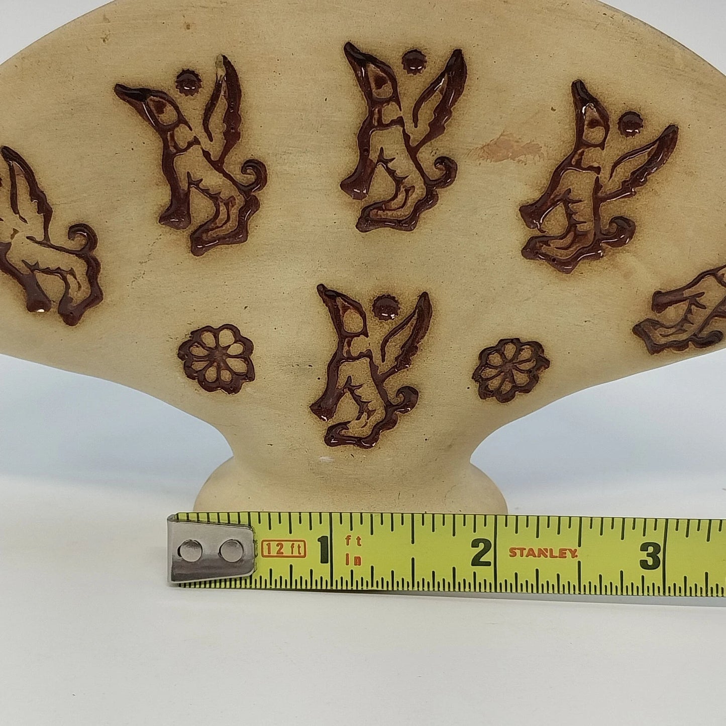 Pottery Napkin Holder Flying Winged Dog Motif Beige Brown Fan Shape 6.5" Repair
