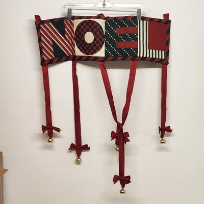 Red Black NOEL Wall Hanging Christmas Holiday Red Bows with Gold Bells 24.5"x9"