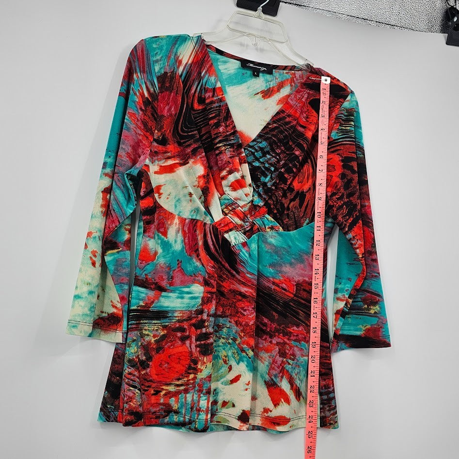 Y2K Mesmerize Retro Blouse Women’s L Multicolor Funky Print V-Neck Festival Top