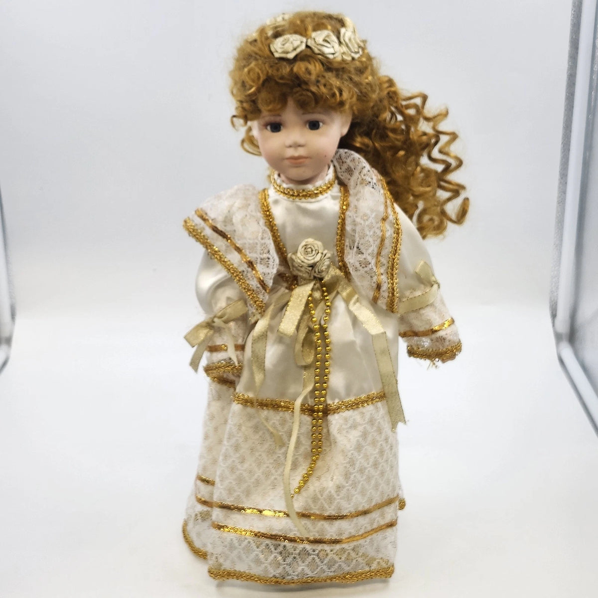 Porcelain Victorian Lady Doll Auburn Curls Cream Gold Dress 16" Vintage Taiwan
