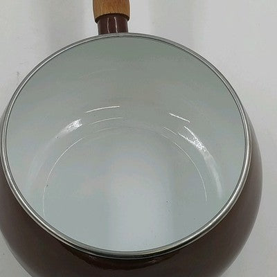 Brown Enamel Fondue Pot with Wood Handles Stand Burner and Forks Japan Vintage