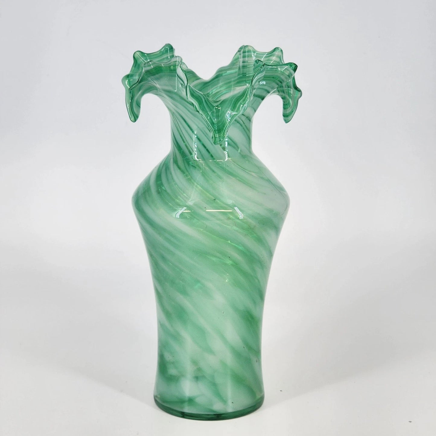 Green Art Glass Vase White Swirl Ruffled Scalloped Top Edge Hand Blown 9" Tall