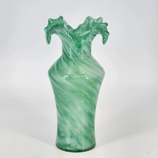 Green Art Glass Vase White Swirl Ruffled Scalloped Top Edge Hand Blown 9" Tall