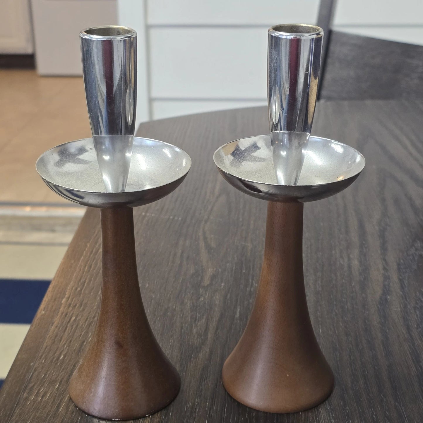 2 MCM Candle Holder Sticks Teak Wood Chrome Uppers 8.5" Danish Modern Vtg AS IS