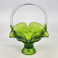 Vintage Viking Art Glass Pedestal Basket Green Ruffled Edge Applied Handle Mid Century Hand Blown Glass
