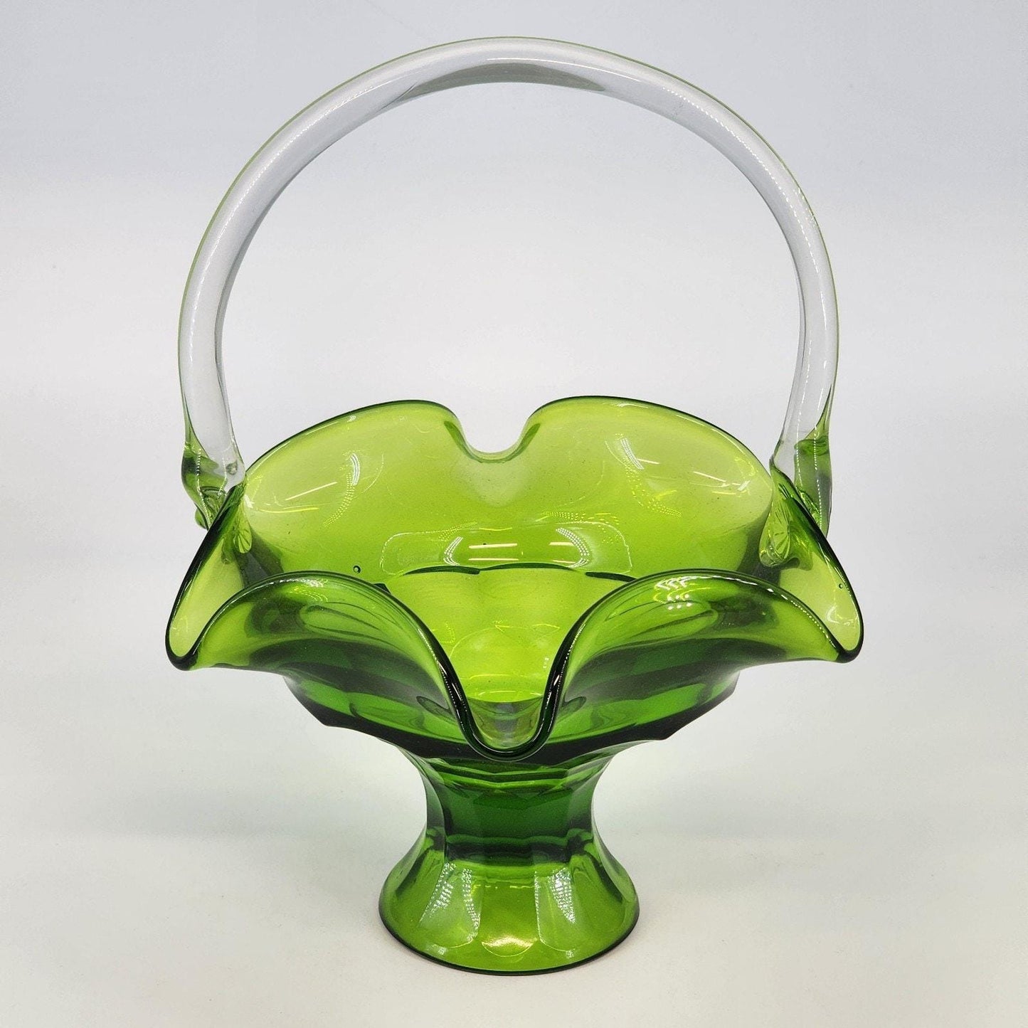 Vintage Viking Art Glass Pedestal Basket Green Ruffled Edge Applied Handle Mid Century Hand Blown Glass